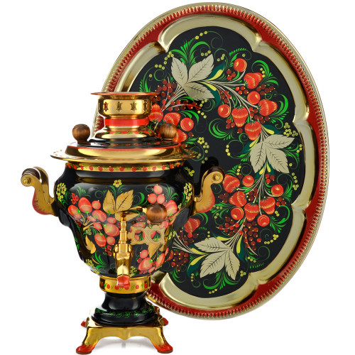 Самовар электрический 2,5 л с худ.росписью «Хохлома с ягодами в зелени №2» формы «Груша» c подносом
