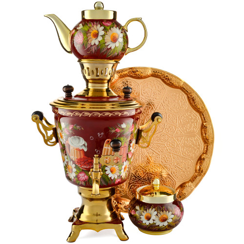Самовар электрический 3 литра с художественной росписью «Баня» в наборе, формы «Рюмка гладкая»