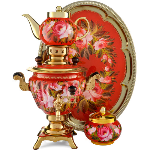 Самовар электрический 2 литра с худ. росписью «Пионы на красном в золоте» формы «Чаша» в наборе