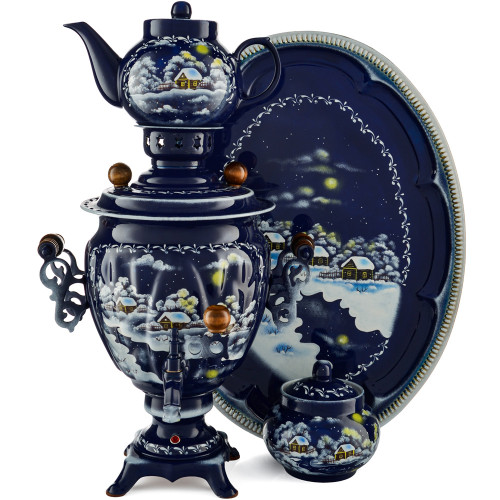 Самовар электрический 3 л. с автооткл. худ.росписью «Зима» формы «Жёлудь» в наборе из 4 предметов