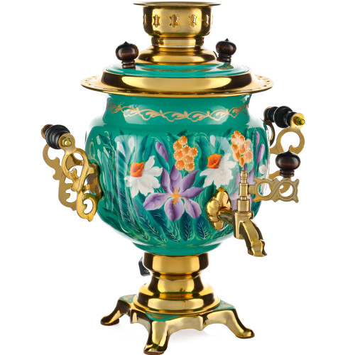 Самовар электрический 3 литра с худ. росписью «Нарциссы на зелёном в золоте» формы «Овал» 