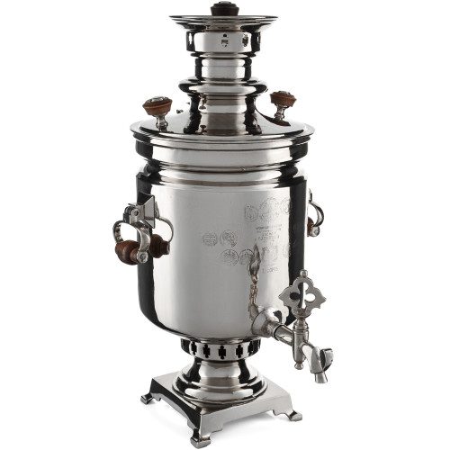 Самовар антикварный на дровах 5 литров формы «Банка» Горнина прием. Баташева с медалями, серебристый