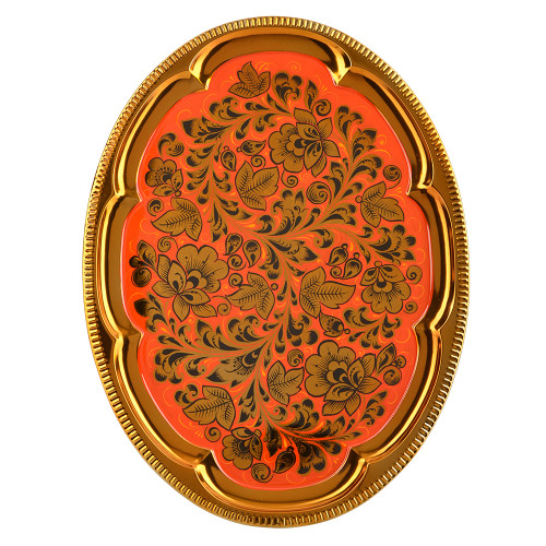 Поднос для самовара овальный с художественной росписью «Кудрина золото на красном»