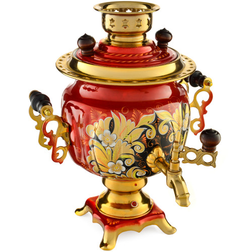 Самовар электрический 3 литра с автоотключением, худ. росписью «Кудрина красная» формы «Овал»