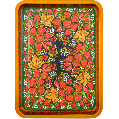 Поднос для самовара прямоугольный с художественной росписью «Клубника в зелени №2 на зелёном»