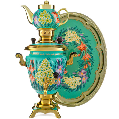 Самовар электрический 3 литра с худ. росписью «Весенние цветы в золоте» в наборе, формы «Рюмка» 