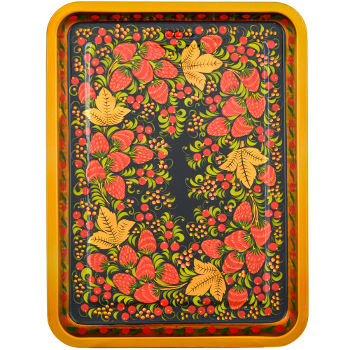Поднос для самовара прямоугольный с художественной росписью «Клубника в зелени №2» 