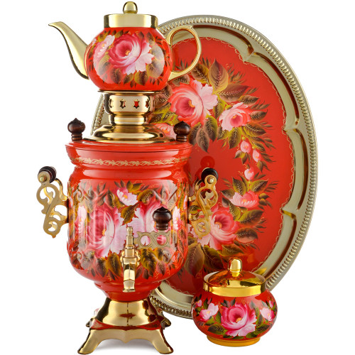 Самовар электрический 3 литра с худ.росписью «Пионы на красном в золоте» формы «Банка» в наборе