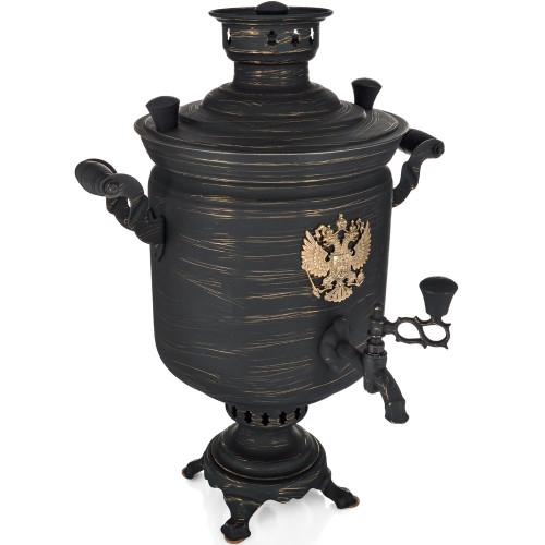 Самовар комбинированный 7 литров формы «Банка с гербом РФ» золотые нити в патине 