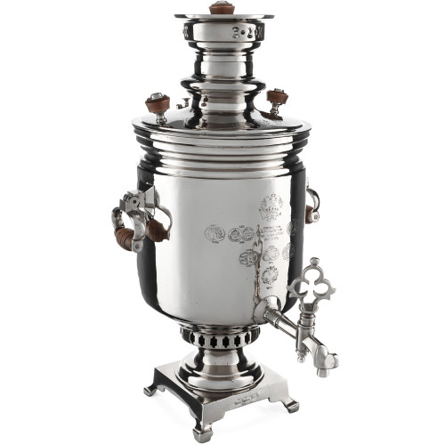 Самовар антикварный на дровах 6 литров формы «Банка» Н.И. Баташева с медалями, серебристый