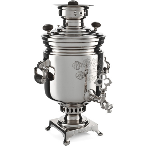 Самовар антикварный на дровах 5 литров формы «Банка» Баташева с медалями, висячие ручки, серебристый