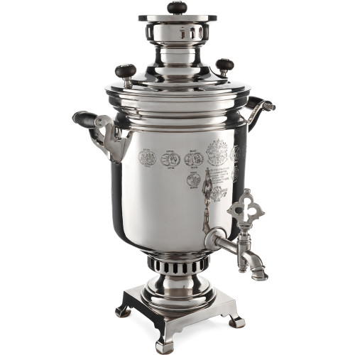 Самовар антикварный на дровах 7,5 литров формы «Банка» Баташева с медалями, серебристый