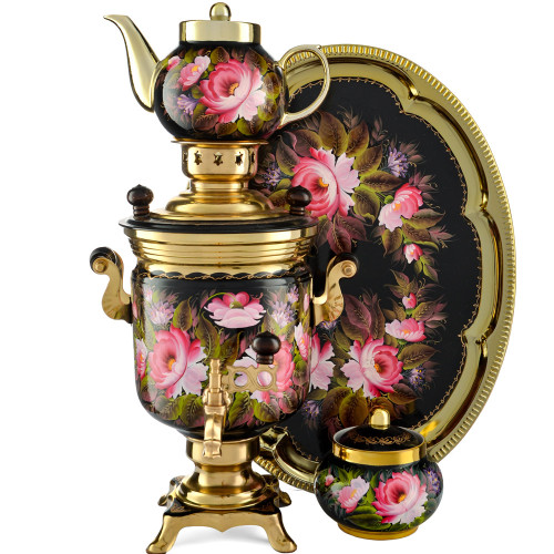 Самовар электрический 3 литра с худ. росписью «Пионы на чёрном в золоте» формы «Банка» в наборе