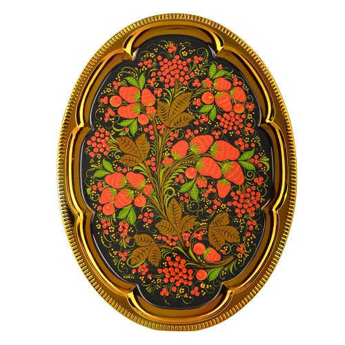 Поднос для самовара овальный с художественной росписью «Хохлома с ягодами в зелени»