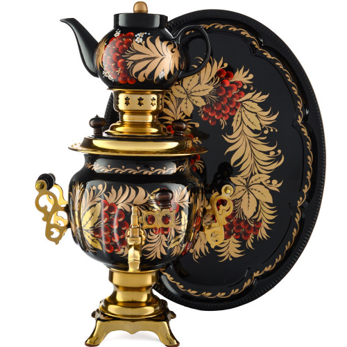 Самовар электрический 3 литра с худ. росписью «Хохлома гроздья ягод» формы «Овал» в наборе