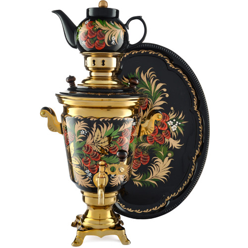 Самовар электрический 4 литра художественной росписью «Хохлома клубника» формы «Рюмка» в наборе