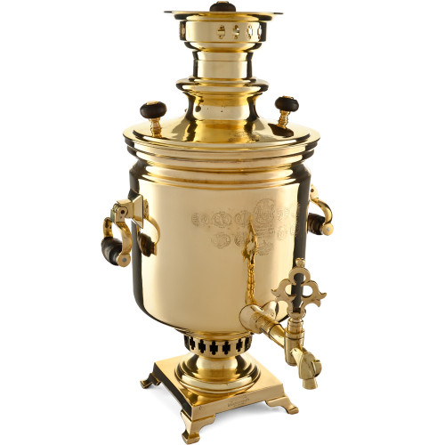 Самовар антикварный комбинированный 7,5 литров формы «Банка» Шемариных с медалями, золотистый