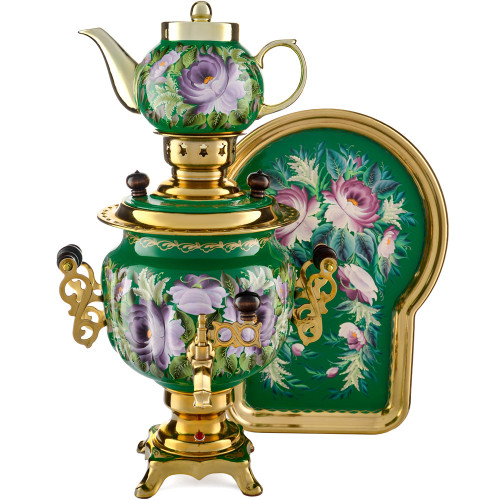 Самовар электрический 3 л.с автоотключением,худ.росписью «Пионы на зелёном» в наборе, формы«Овал»