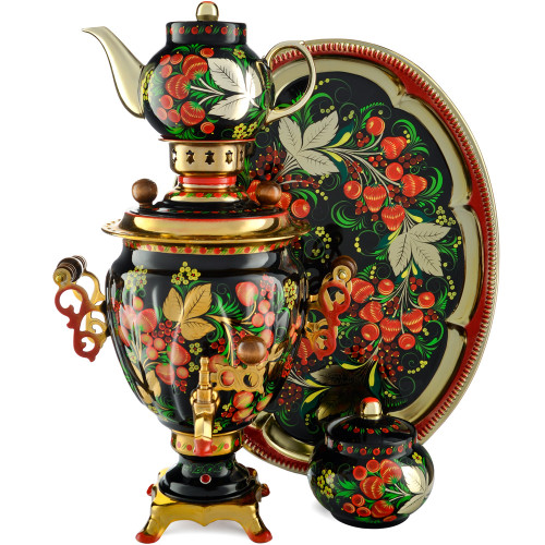 Самовар электрический 3 л с автооткл, «Хохлома с ягодами в зелени №2» формы «Жёлудь» в наборе