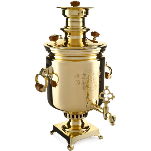 Самовар антикварный на дровах 7,5 литров формы «Банка» Гудков с медалями, золотистый