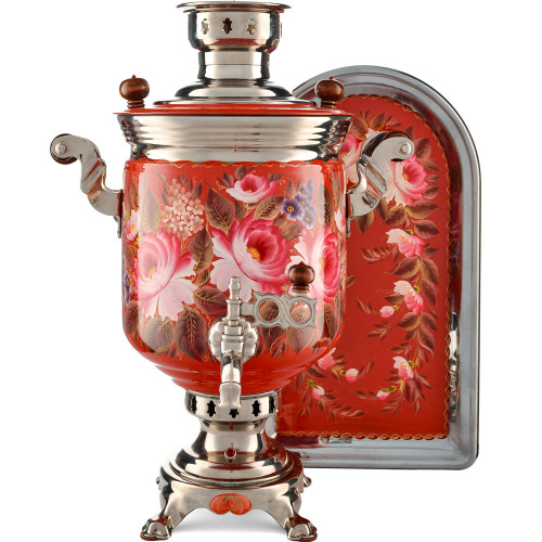 Самовар электрический 7 л с автооткл., худ.росписью «Пионы в серебре» формы «Банка» с подносом