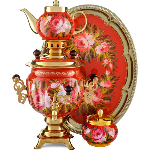 Самовар электрический 3 литра с худ.росписью «Пионы на красном в золоте» формы «Овал» в наборе