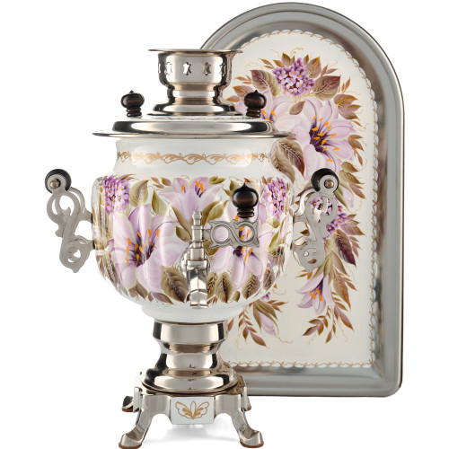 Самовар электрический 3 литра с худ. росписью «Лилии на белом в серебре» с подносом, формы «Овал»