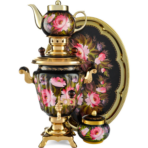 Самовар электрический 3 литра с художественной росписью «Пионы на чёрном» формы «Рюмка» в наборе