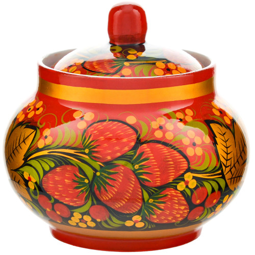 Сахарница с художественной росписью «Клубника в зелени №2 на красном 