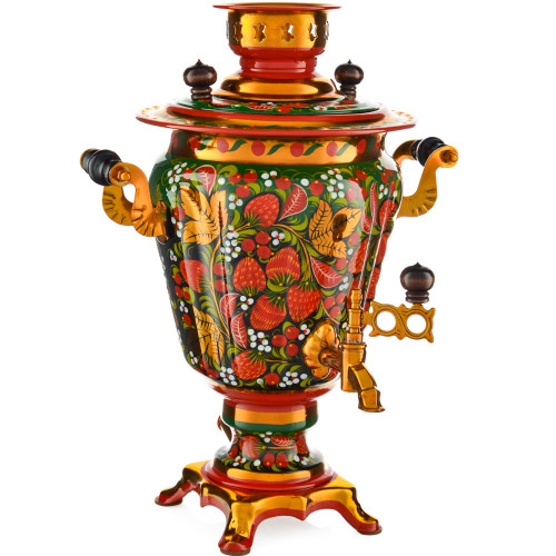 Самовар электрический 3 литра с худ. росписью «Клубника в зелени №2 на зелёном» формы «Рюмка»