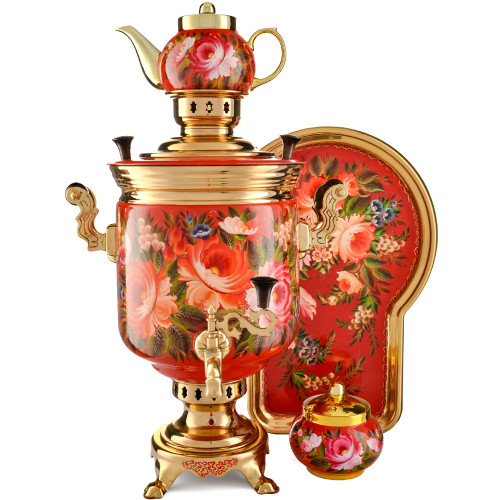 Самовар электрический 10л с автоот., худ.росписью «Пионы на красном в золоте» формы «Банка» в наборе