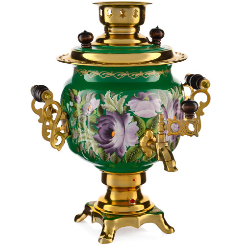 Самовар электрический 3 л.с автоотключением,худ.росписью «Пионы на зелёном в золоте» формы«Овал»