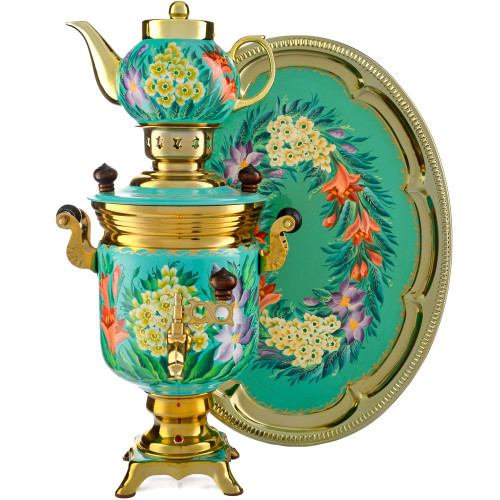 Самовар электрический 3 л. с автоотключением, худ. росписью «Весенние цветы» в наборе формы «Банка»