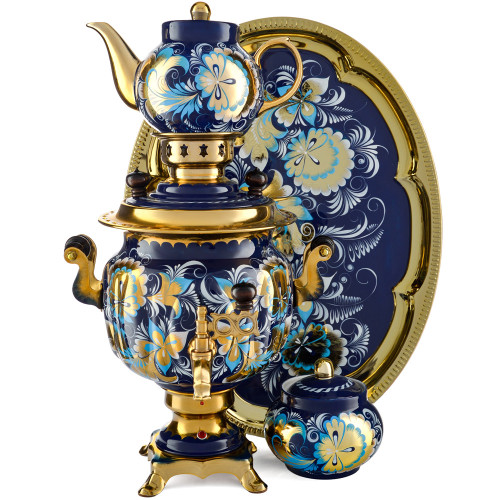 Самовар электрический 3 литра с автооткл., худ. росписью «Кудрина синяя» в наборе, формы «Овал»