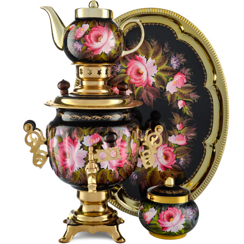 Самовар электрический 3 литра с художественной росписью «Пионы на чёрном» формы «Овал» в наборе