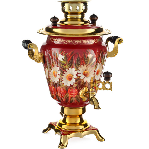 Самовар электрический 3 литра с худ. росписью «Ромашки с клубникой в золоте» формы «Рюмка» 