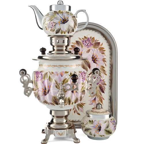 Самовар электрический 3 литра с худ. росписью «Лилии на белом в серебре» в наборе,  формы «Овал»