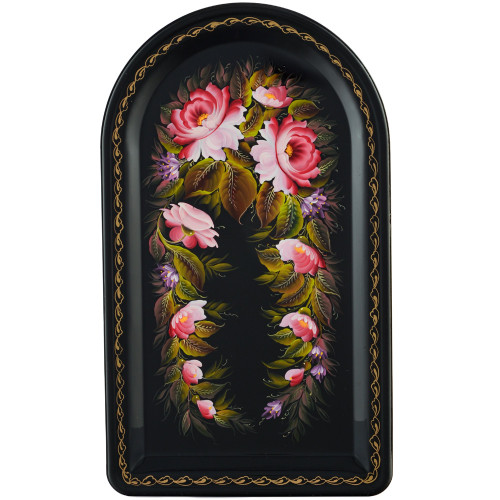 Поднос для самовара формы «Пуля» с художественной росписью «Пионы на чёрном»