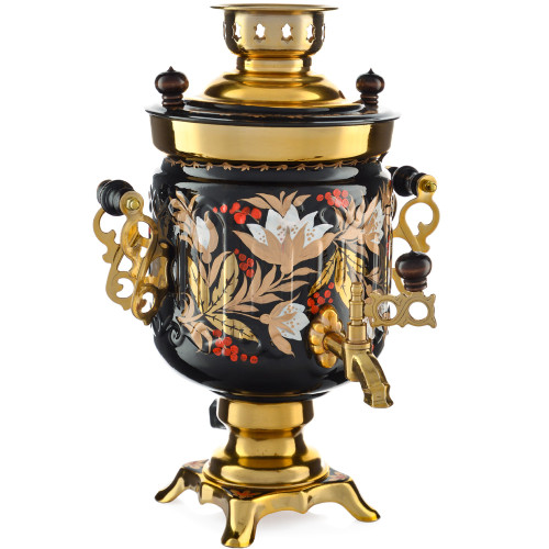 Самовар электрический 3 литра с худ. росписью «Хохлома белые цветы на чёрном» формы «Банка гранная»