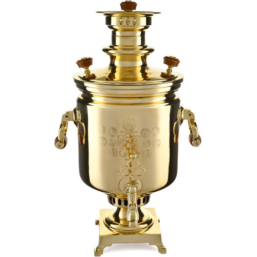 Самовар антикварный на дровах 7,5 литров формы «Банка» Гудков с медалями, золотистый