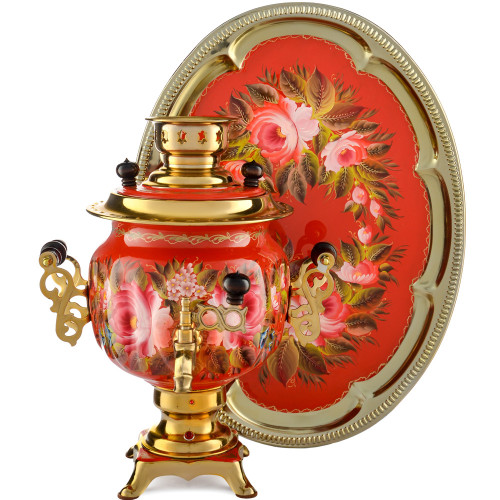 Самовар электрический 3л с автооткл, худ.росписью «Пионы на красном в зол.» формы «Овал» с подносом