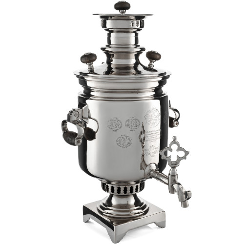 Самовар антикварный на дровах 5 литров формы «Банка» Баташева с медалями, висячие ручки, серебристый