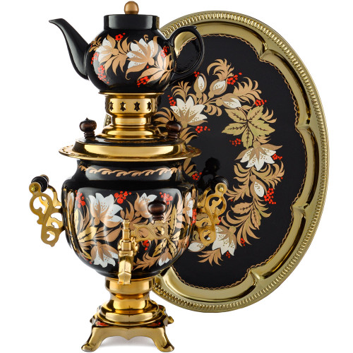 Самовар электрический 3 литра с худ.росписью «Хохлома белые цветы на чёрном» формы «Овал» в наборе