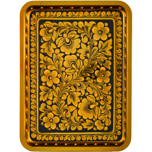 Поднос для самовара прямоугольный с художественной росписью «Кудрина золото на чёрном»