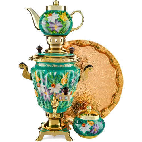 Самовар электрический 3 литра с художественной росписью «Нарциссы на зелёном» в наборе, формы «Рюмка