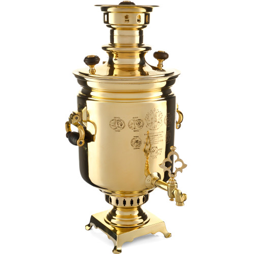 Самовар антикварный на дровах 5,5 литров формы «Банка» Баташева с медалями, висячие ручки, золотой