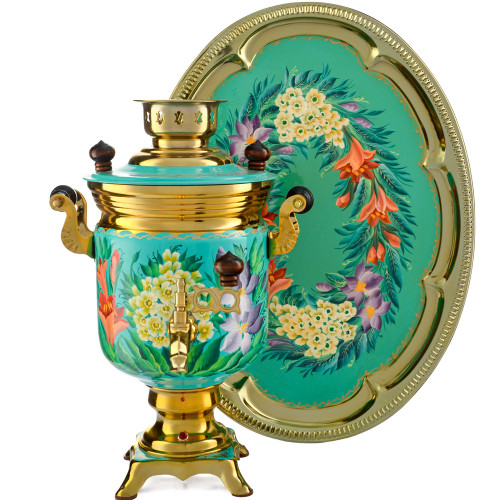 Самовар электрический 3 л. с автоотключением.,худ.росписью «Весенние цветы» с подносом формы «Банка»