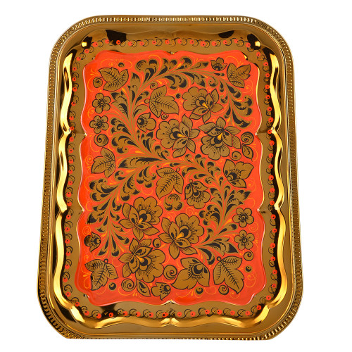 Поднос для самовара прямоугольный с художественной росписью «Кудрина золото на красном»