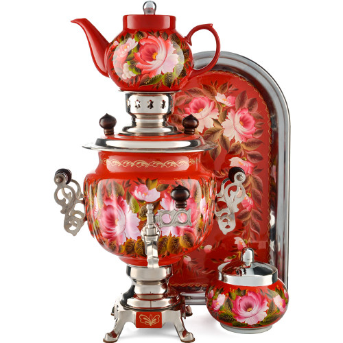 Самовар электрический 3 литра с художественной росписью «Пионы в серебре» формы «Овал» в наборе