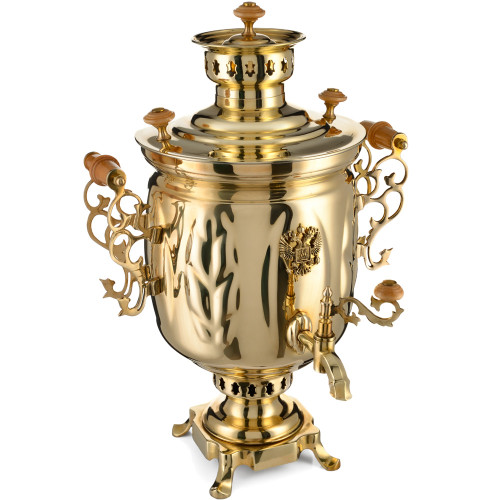 Самовар на дровах 5 литров формы «Банка с листьями с гербом РФ», золотой